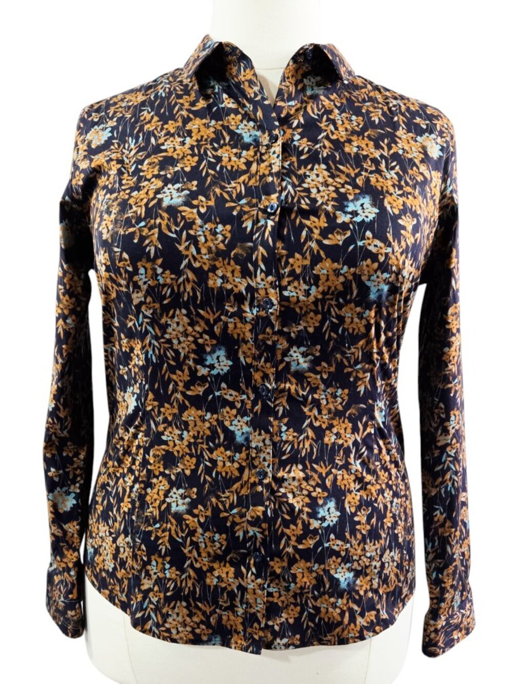 Eddie Bauer Stretch Wrinkle Resistant Burnt Orange Blue Floral Button-Up Shirt
